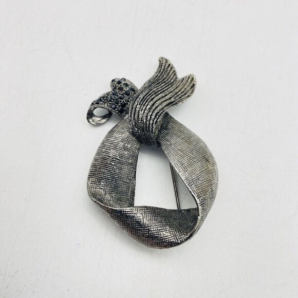 Brushed Ribbon Pin Oxidized Silver Tone Black Rhinestone Accents Awareness Gift - Picture 3 of 6